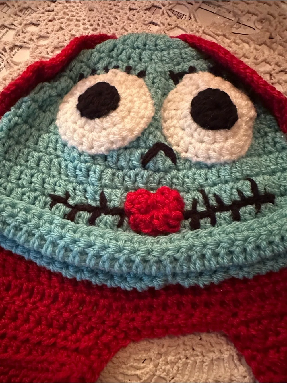 Handmade Crochet Character Earflap Hat - Teal & Red - Picture 3 of 4